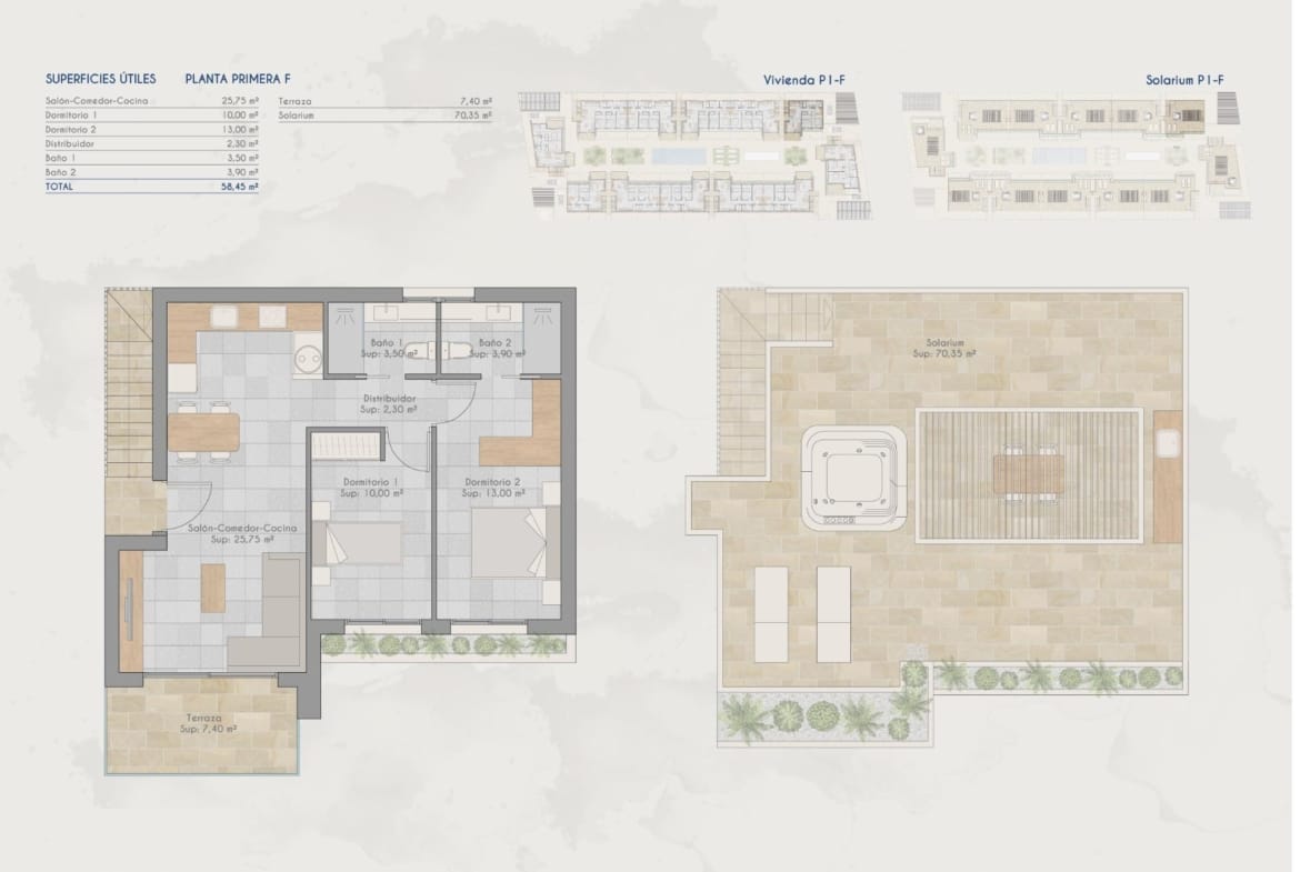 Detailed floor plan of a spacious 2-bedroom penthouse with bright open living area and large 77 m² sun-drenched solarium in Torre-Pacheco.