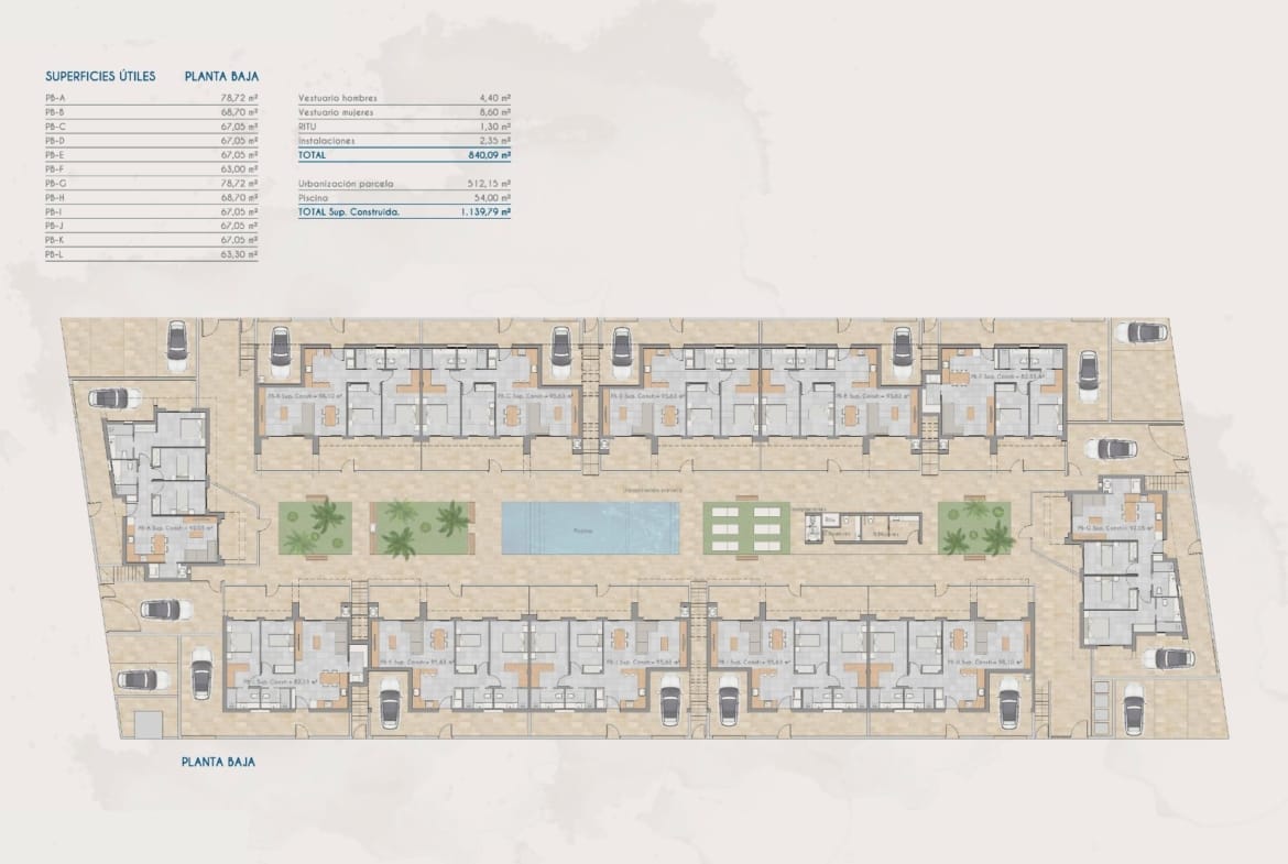 Spacious floor plan of luxury 2-bedroom penthouse in Torre-Pacheco showcasing elegant layout with central pool and landscaped communal areas.