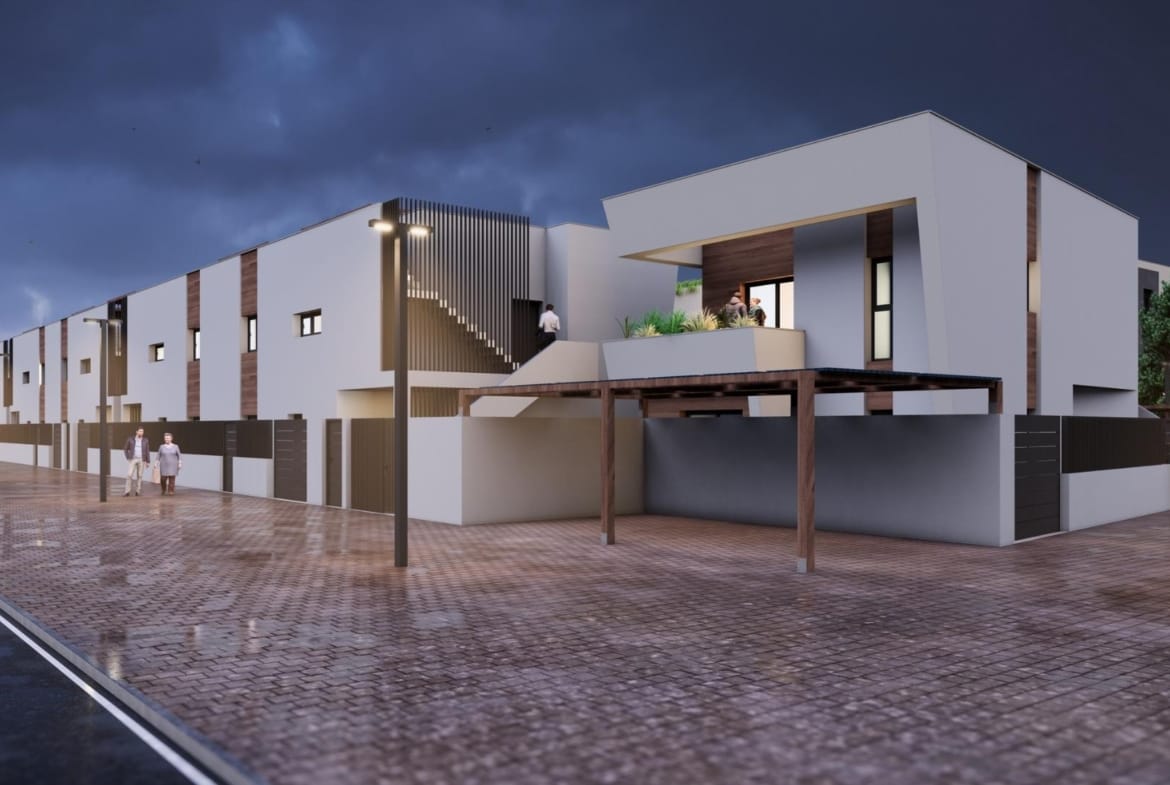 New Construction Homes in Torre-Pacheco Modern luxury 3-bedroom penthouse exterior in Torre-Pacheco featuring sleek pergola and spacious solarium under dramatic evening skies.
