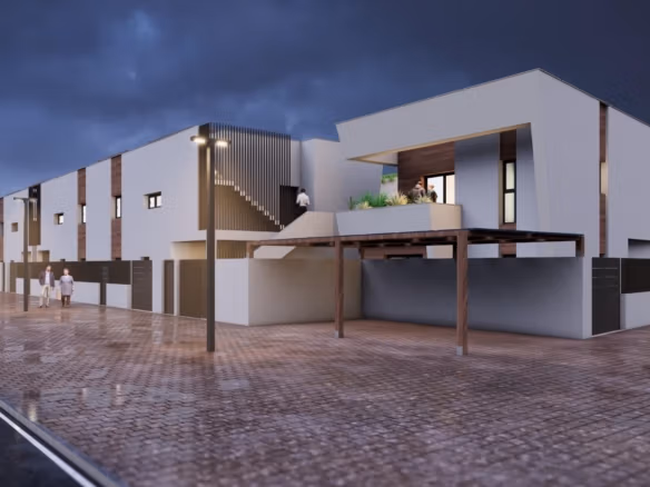 Extérieur moderne d’un penthouse de luxe de 3 chambres à Torre-Pacheco avec pergola élégante et vaste solarium sous un ciel du soir spectaculaire.