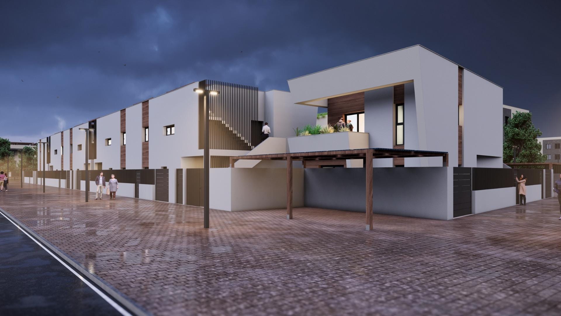 New Construction Homes in Torre-Pacheco Modern luxury 3-bedroom penthouse exterior in Torre-Pacheco featuring sleek pergola and spacious solarium under dramatic evening skies.