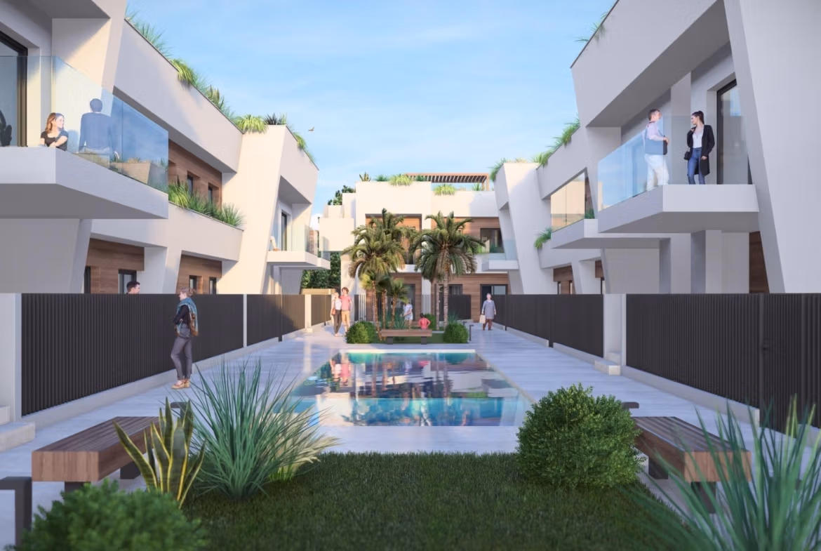 Modern luxury 2 bedroom penthouse complex in Torre-Pacheco featuring a pristine pool, landscaped gardens, and spacious terraces.