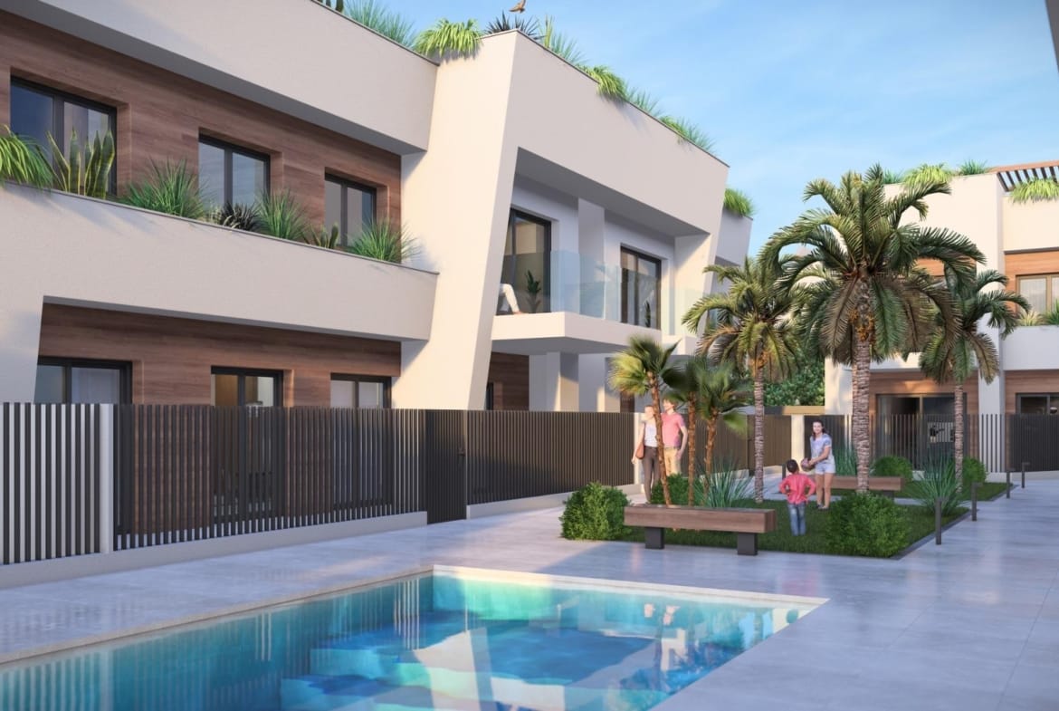New-Construction-Homes-in-Torre-Pacheco-Costa-Calida-3 Modern luxury 3-bedroom penthouse in Torre-Pacheco featuring a sleek pool, lush landscaping, and spacious communal terrace.