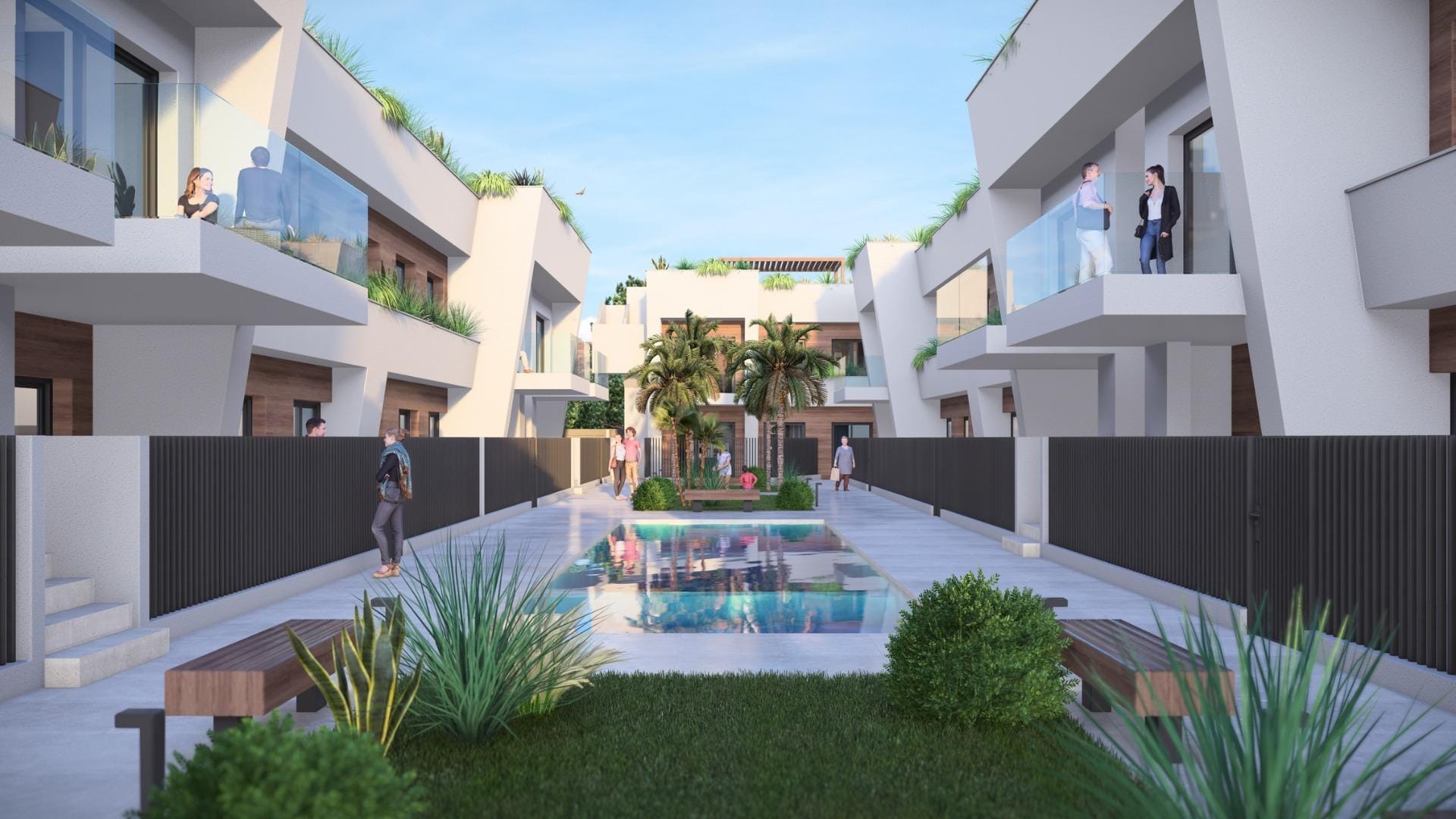 New-Construction-Homes-in-Torre-Pacheco-Costa-Calida-4 Modern luxury penthouse complex in Torre-Pacheco featuring a sleek pool, landscaped gardens, and spacious sunlit terraces.