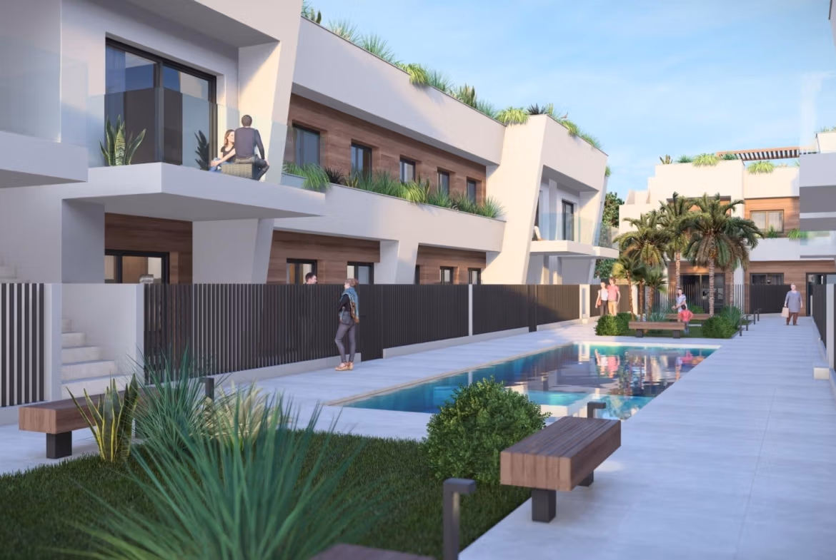 Modern luxury penthouse complex in Torre-Pacheco featuring a sleek communal pool, landscaped garden, and spacious terraces.