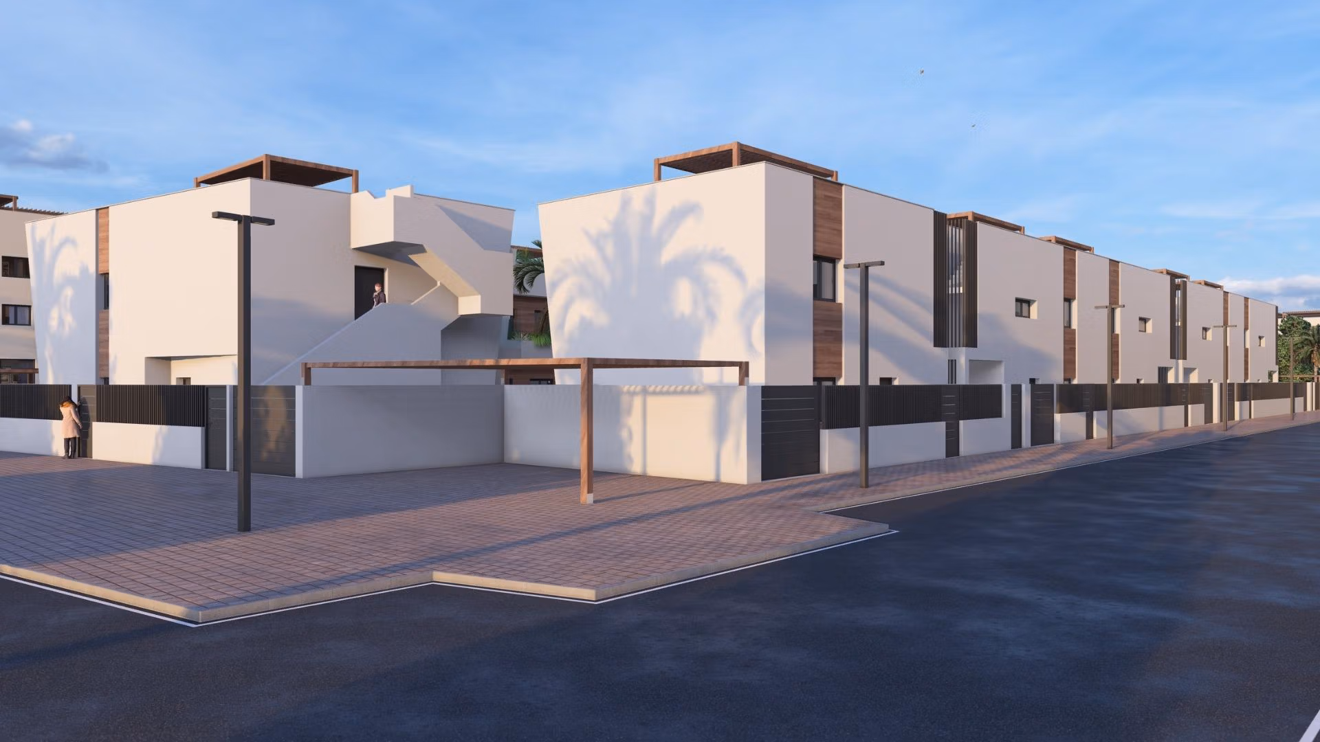 Modern, sun-drenched 2 bedroom penthouse complex with sleek white facades and private rooftop solariums in Torre-Pacheco.