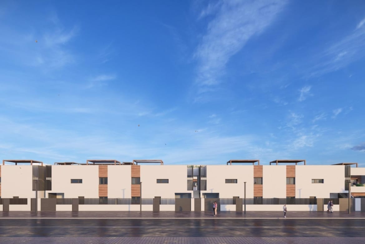 New-Construction-Homes-in-Torre-Pacheco-Costa-Calida-7 Modern new build 3-bedroom penthouse in Torre-Pacheco with sleek facade, spacious layout, and bright open sky background.