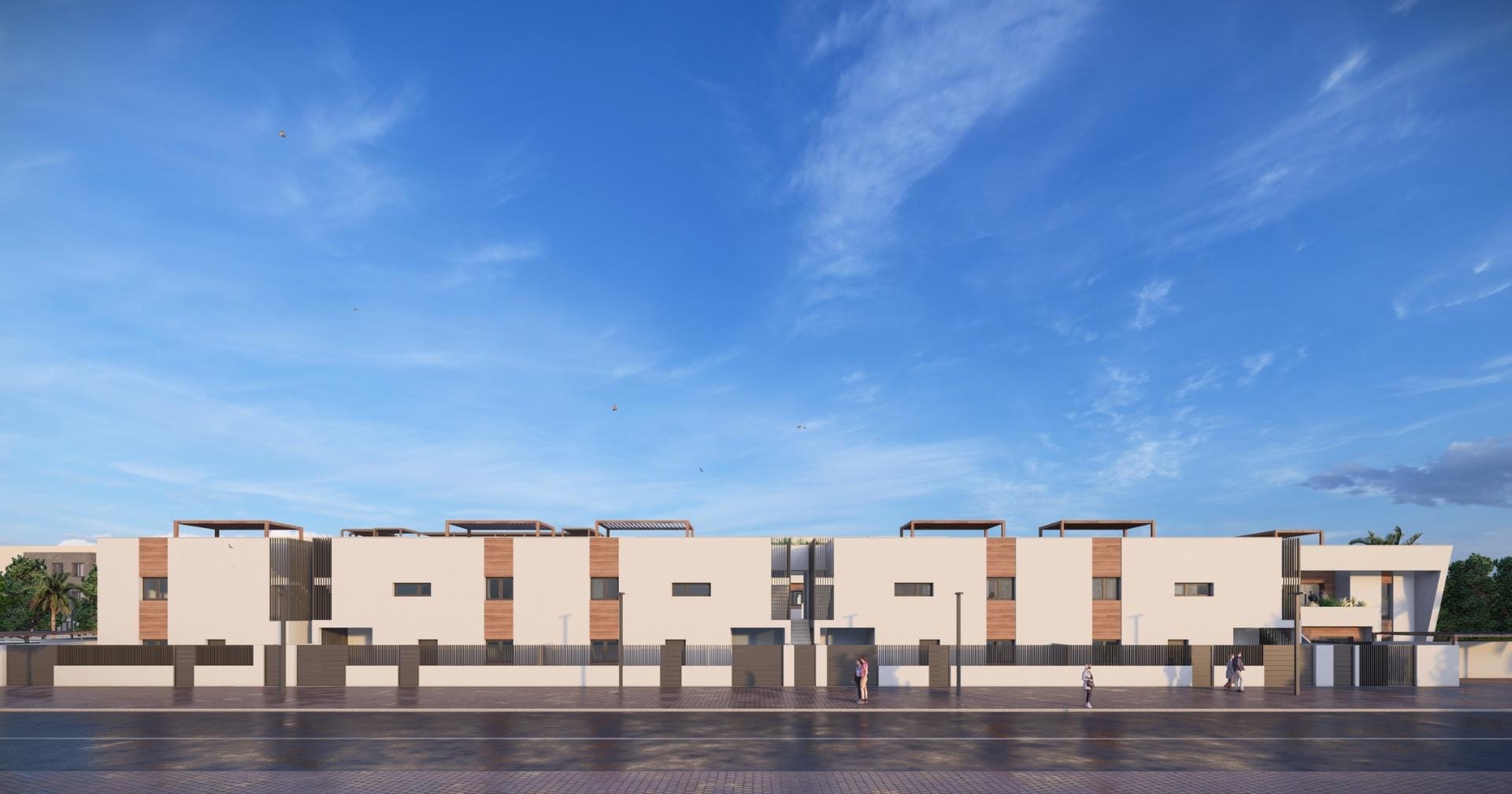 New-Construction-Homes-in-Torre-Pacheco-Costa-Calida-7 Modern new build 3-bedroom penthouse in Torre-Pacheco with sleek facade, spacious layout, and bright open sky background.