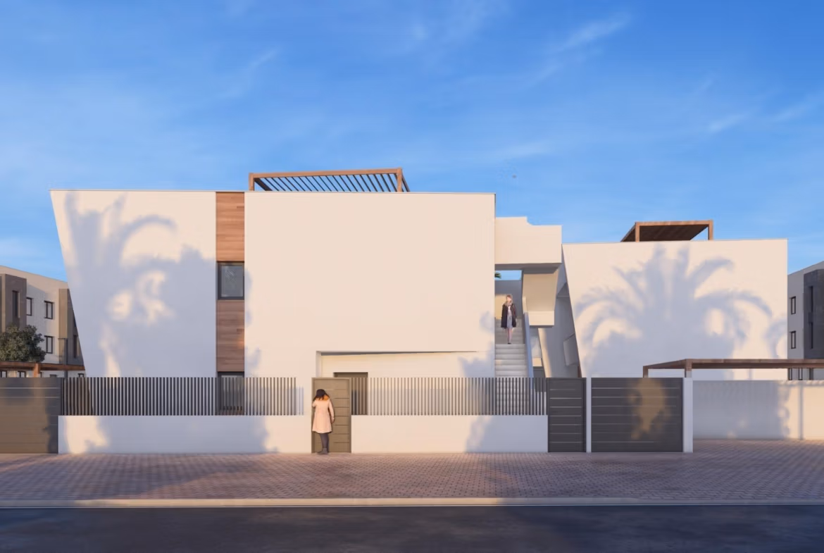 Modern, sunlit 2-bedroom penthouse exterior in Torre-Pacheco with sleek lines and private solarium featuring a pergola and BBQ area.