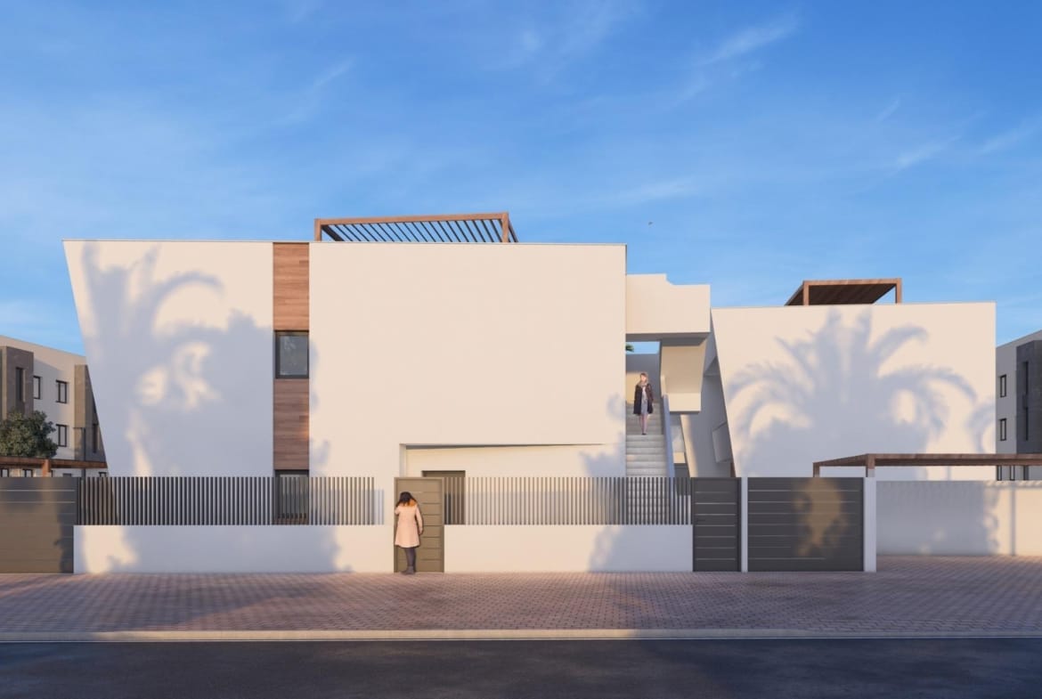 New-Construction-Homes-in-Torre-Pacheco-Costa-Calida-8 Modern luxury 3-bedroom penthouse in Torre-Pacheco with clean lines, private solarium, and sleek pergola under a clear blue sky.