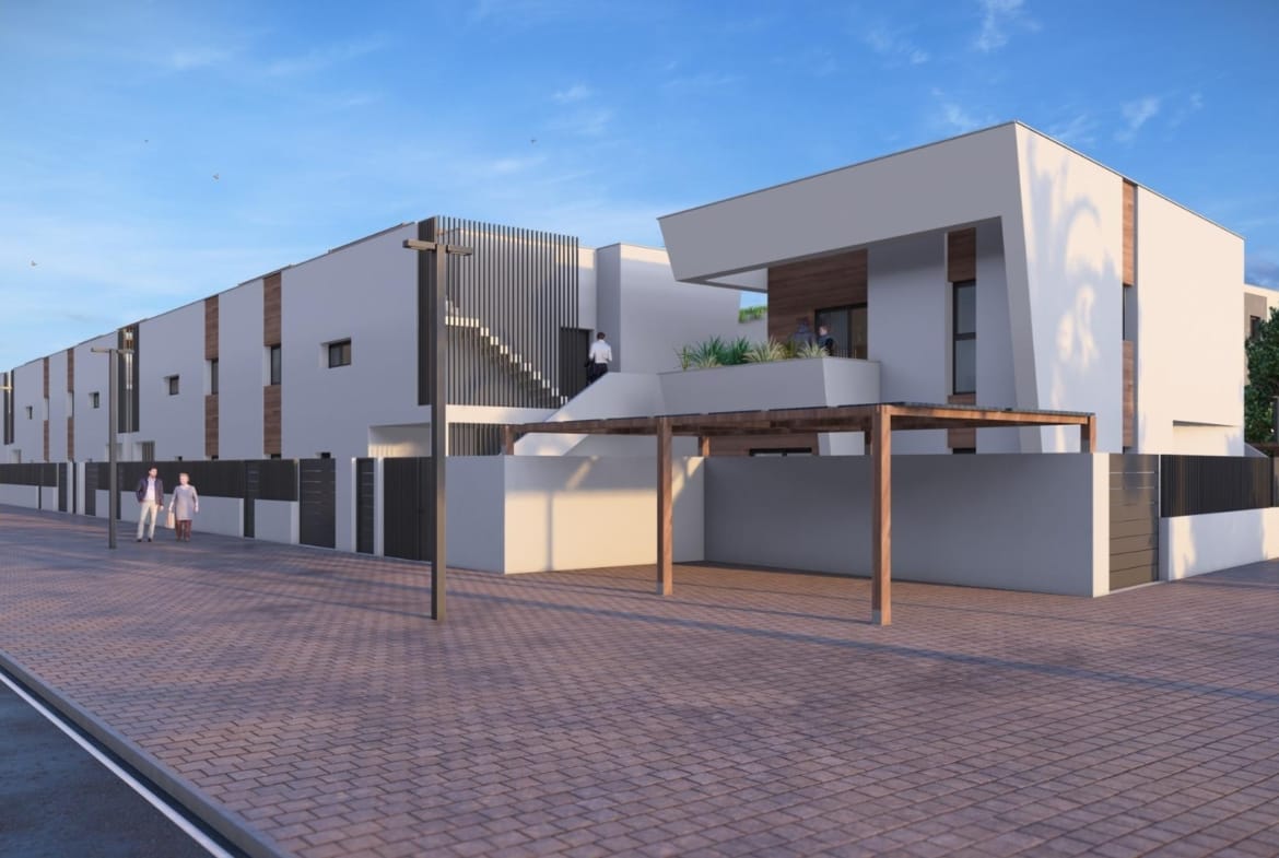 New-Construction-Homes-in-Torre-Pacheco-Costa-Calida-9 Modern, sunlit new build penthouse exterior with spacious pergola and sleek design in Torre-Pacheco residential area.