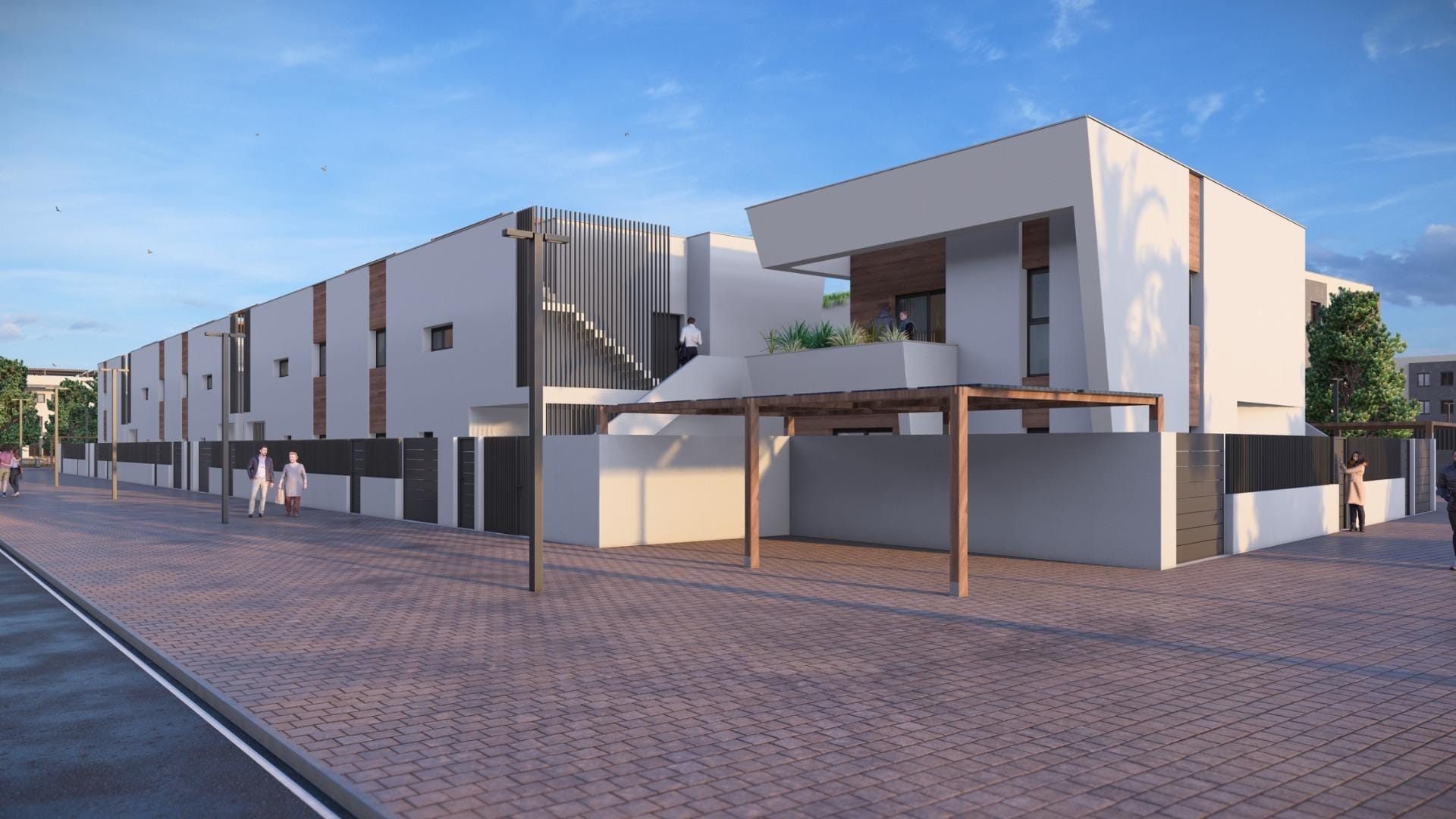 New-Construction-Homes-in-Torre-Pacheco-Costa-Calida-9 Modern, sunlit new build penthouse exterior with spacious pergola and sleek design in Torre-Pacheco residential area.