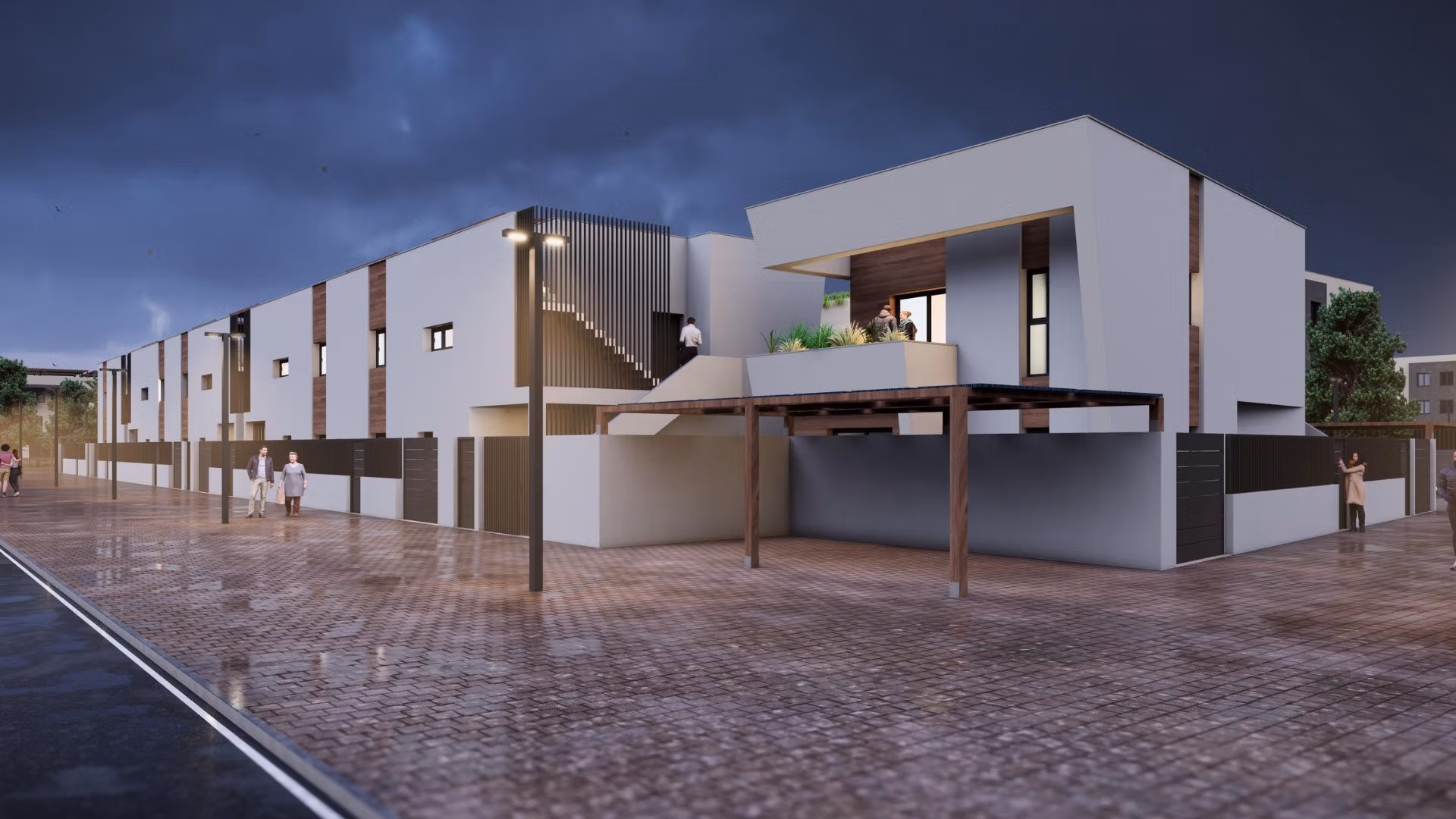 Modern new build 2 bedroom penthouse in Torre-Pacheco featuring sleek exterior with pergola and spacious terrace under dramatic evening skies.