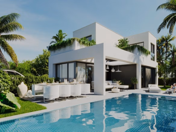 Bright modern 5-bedroom detached villa in Sierra Cortina, Finestrat with lush greenery, spacious terrace, and inviting...