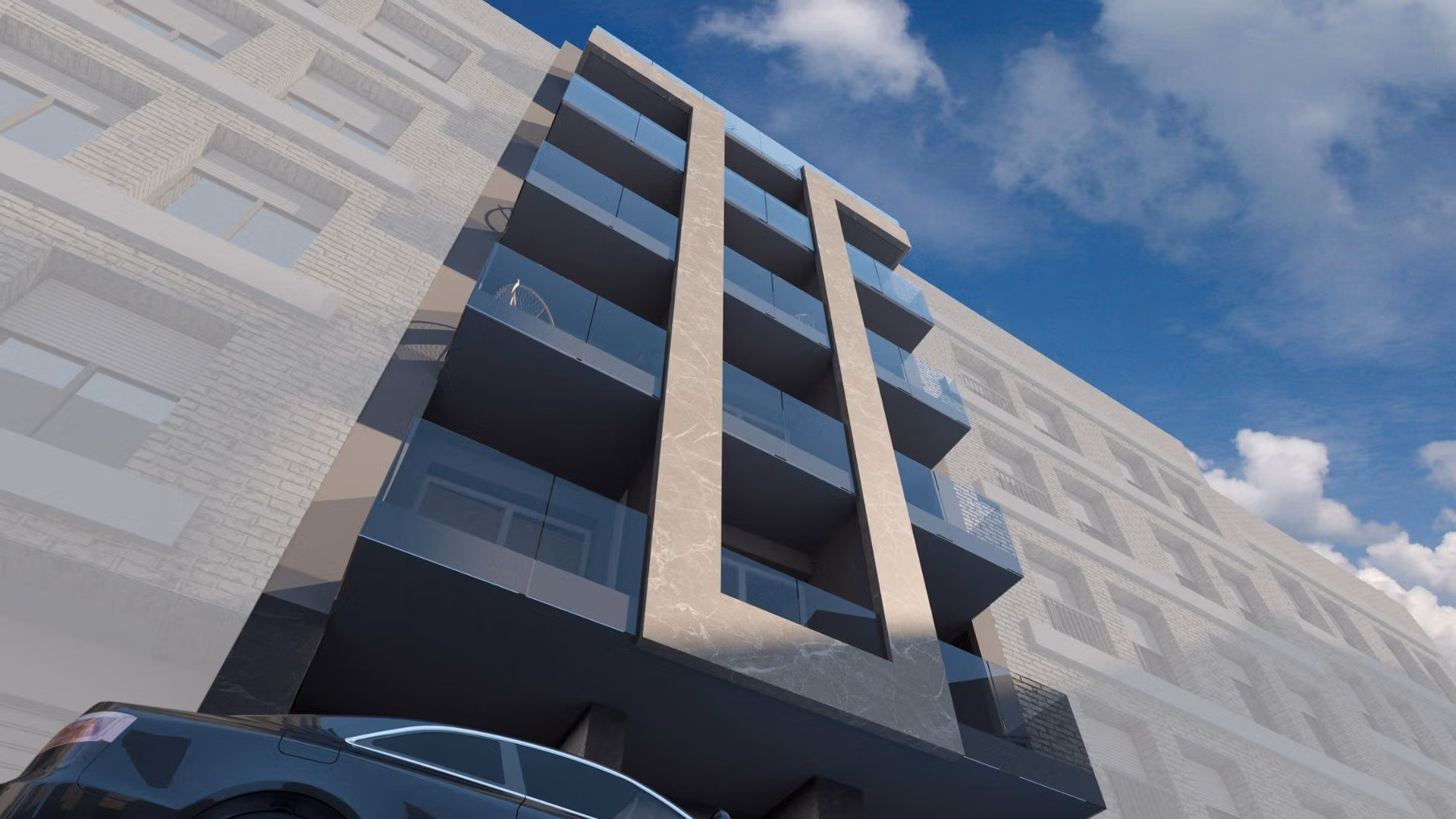 Nowoczesny nowy budynek z apartamentami z 2 sypialniami w Torrevieja, eleganckimi ciemnymi balkonami i współczesną miejską elewacją pod błękitnym niebem.