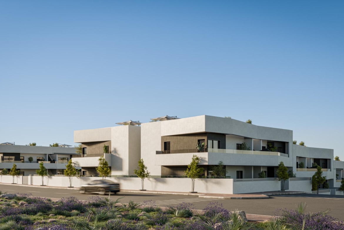Modern elegant new build 2 bedroom ground floor apartment with private garden in sunny San Miguel de Salinas exterior view
