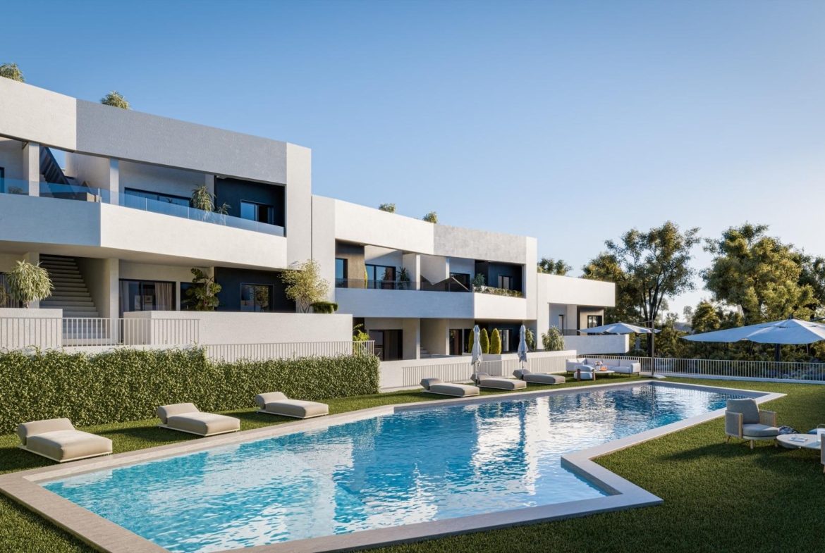 Spacious modern 3-bedroom ground floor apartment with private garden and sleek pool in sunlit San Miguel de Salinas