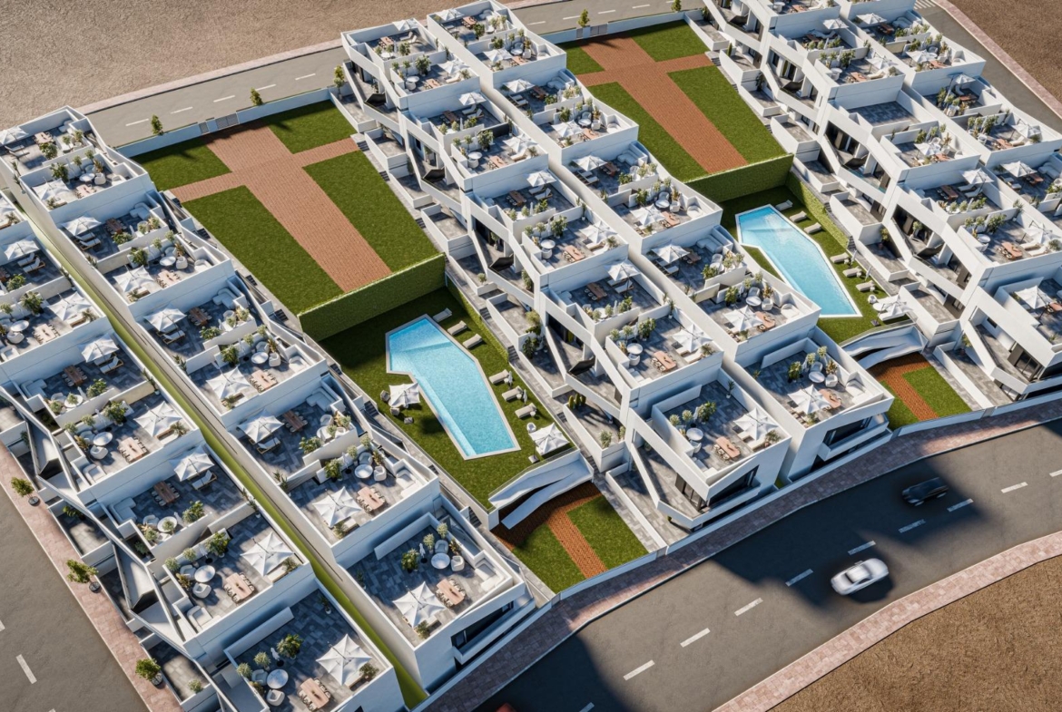 Modern luxury 2-bedroom ground floor apartments with private gardens and pools in sunlit San Miguel de Salinas complex.