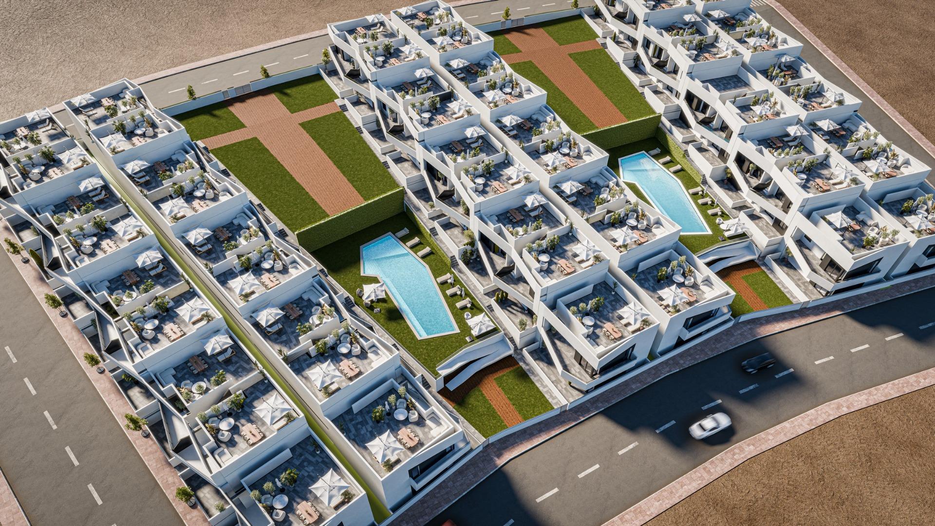 Modern luxury 2-bedroom ground floor apartments with private gardens and pools in sunlit San Miguel de Salinas complex.