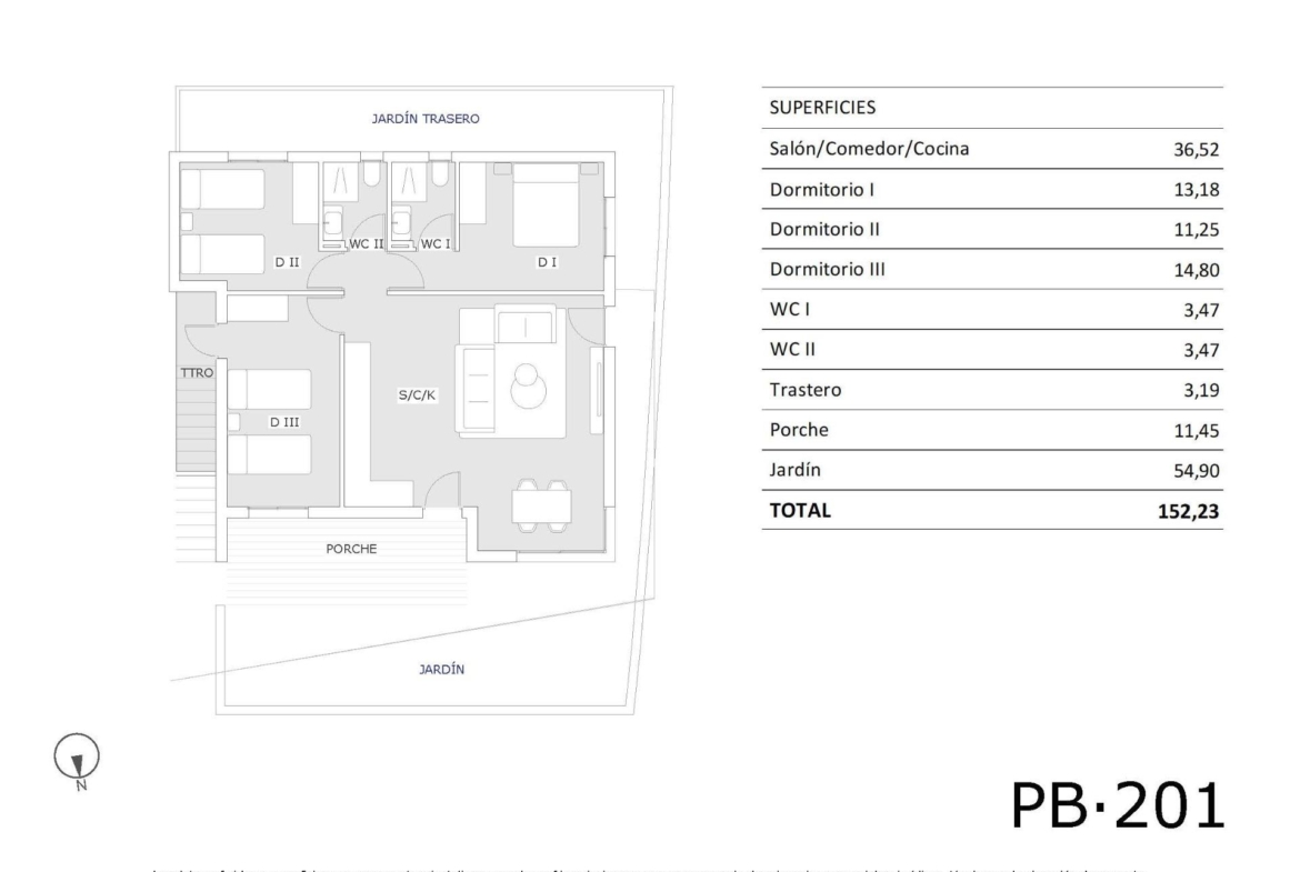 Bright, modern 3-bedroom ground floor apartment floor plan with private garden and porch in San Miguel de Salinas.