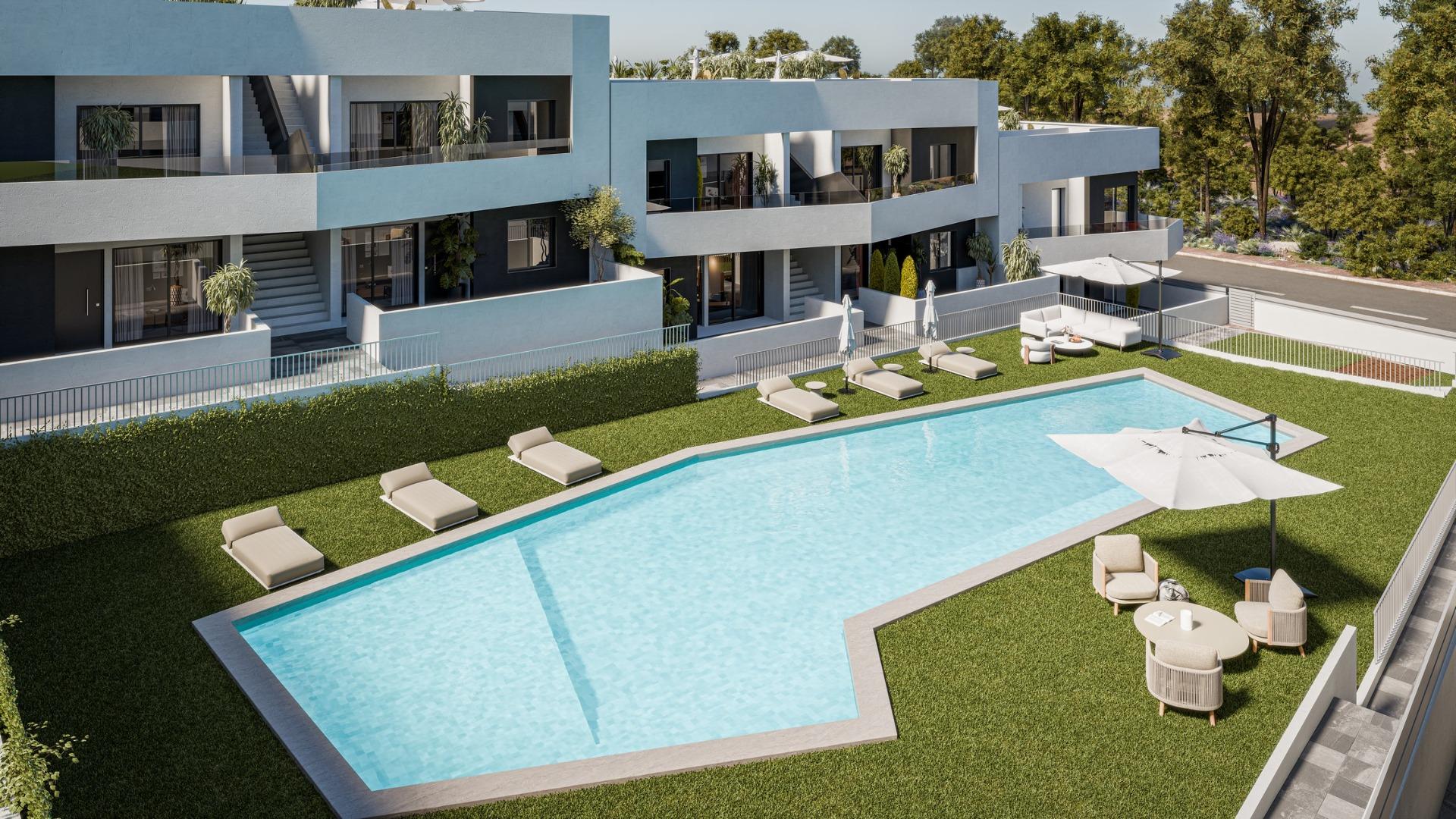 Spacious modern 3-bedroom ground floor apartment with private garden and sunlit pool in San Miguel de Salinas.