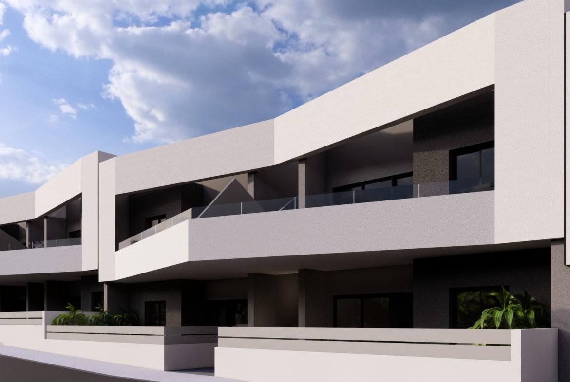 Sleek modern new build ground floor apartment with spacious terraces and private garden in sunlit San Miguel de Salinas.