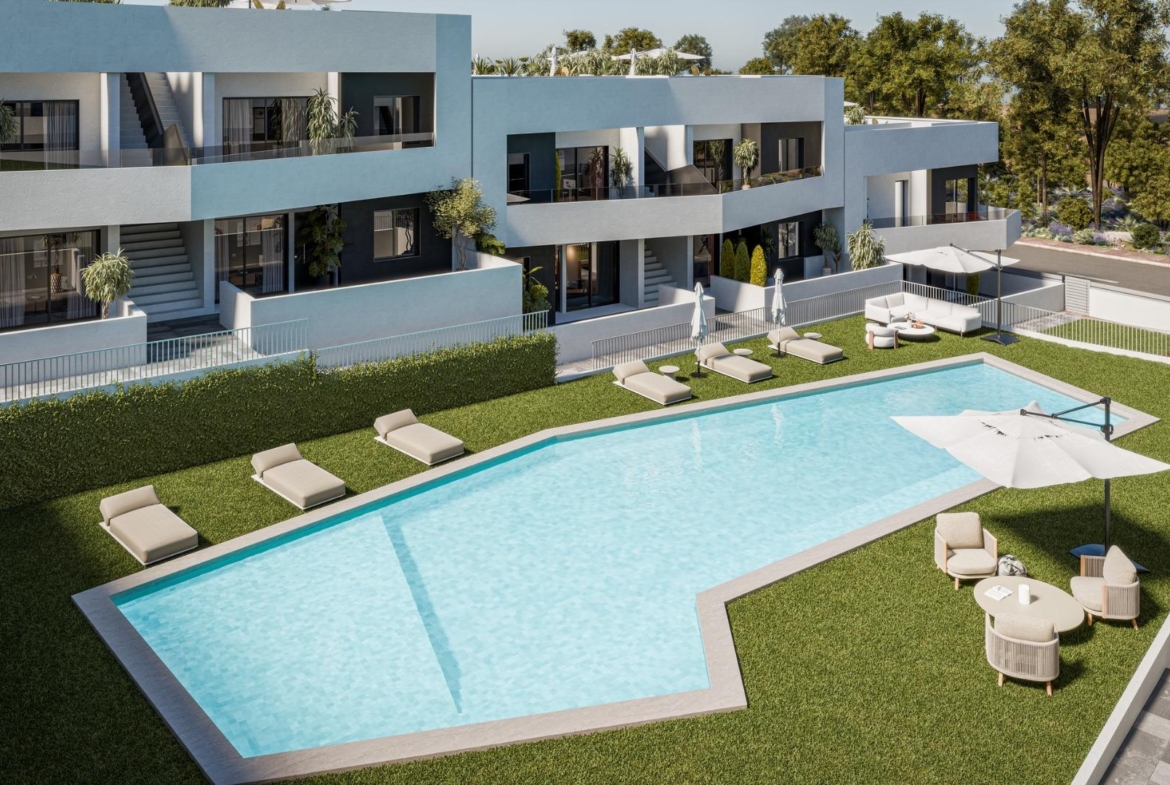 Modern new build 2 bedroom ground floor apartment with private garden and spacious pool area in San Miguel de Salinas