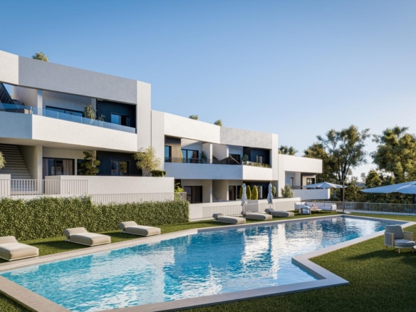 Modern luxury 2-bedroom ground floor apartment in San Miguel de Salinas with stunning private garden and inviting pool area.