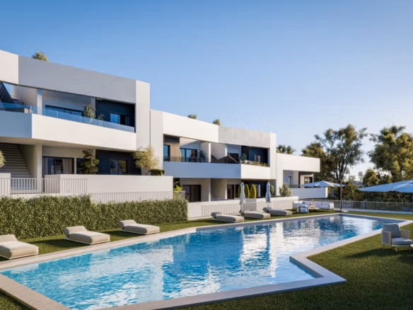 Modern luxury 2-bedroom ground floor apartment in San Miguel de Salinas with stunning private garden and inviting pool area.