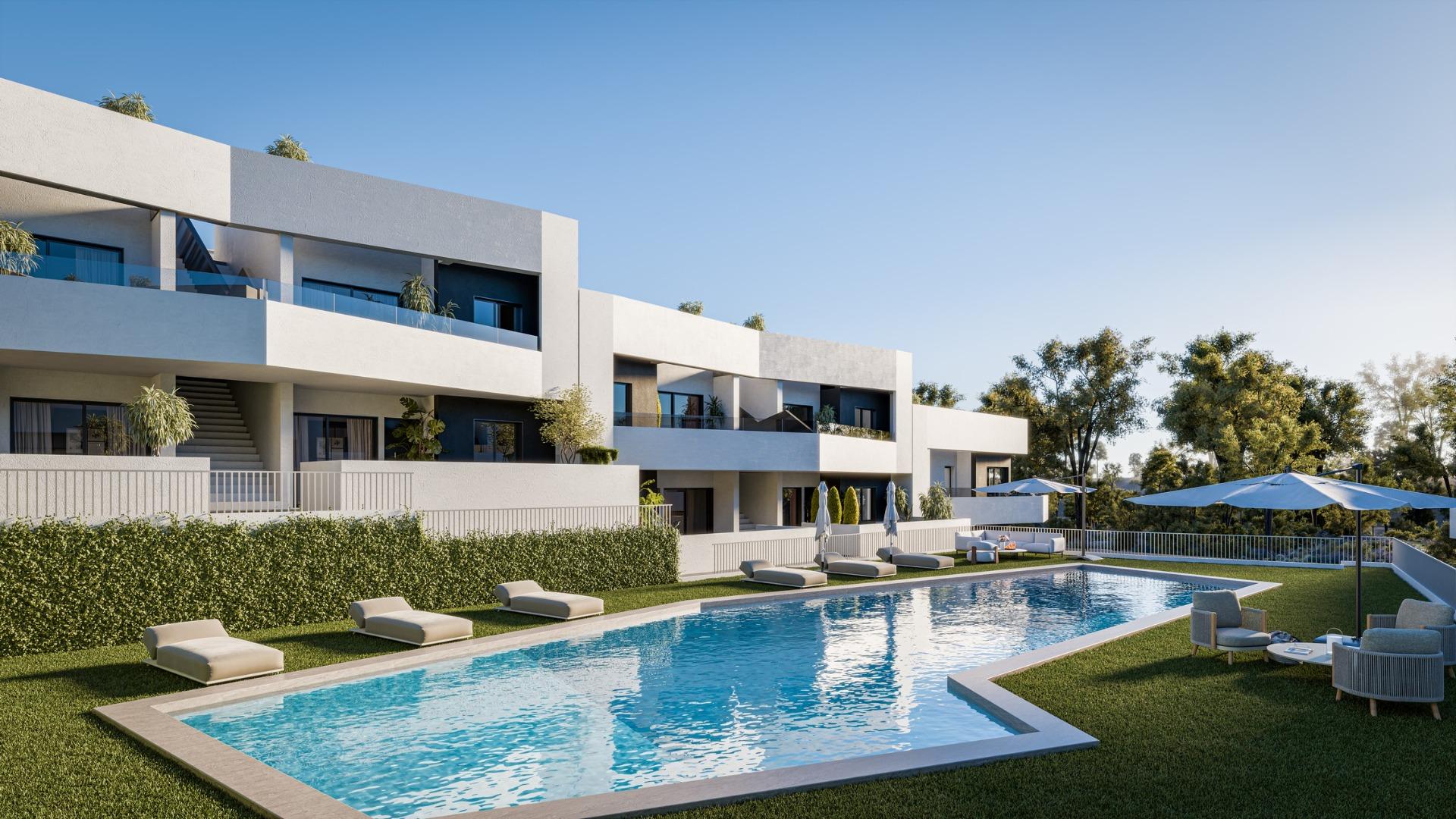 Modern luxury 2-bedroom ground floor apartment in San Miguel de Salinas with stunning private garden and inviting pool area.