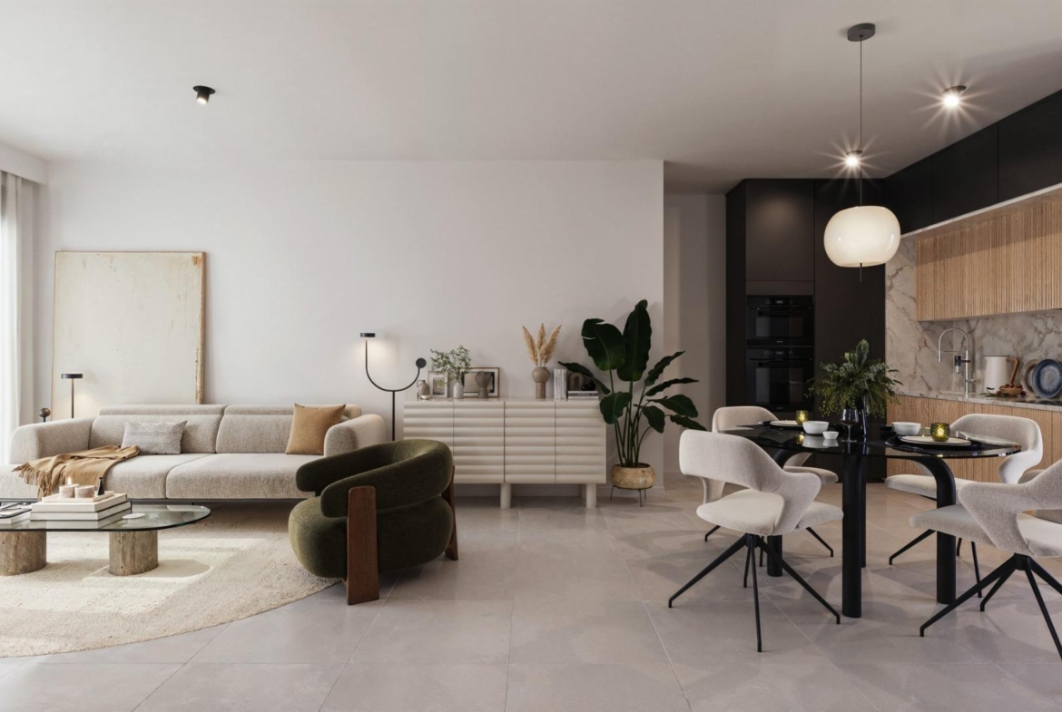 Bright, modern open-plan living and dining area in elegant 2-bedroom ground floor apartment with private garden, San Miguel de Salinas