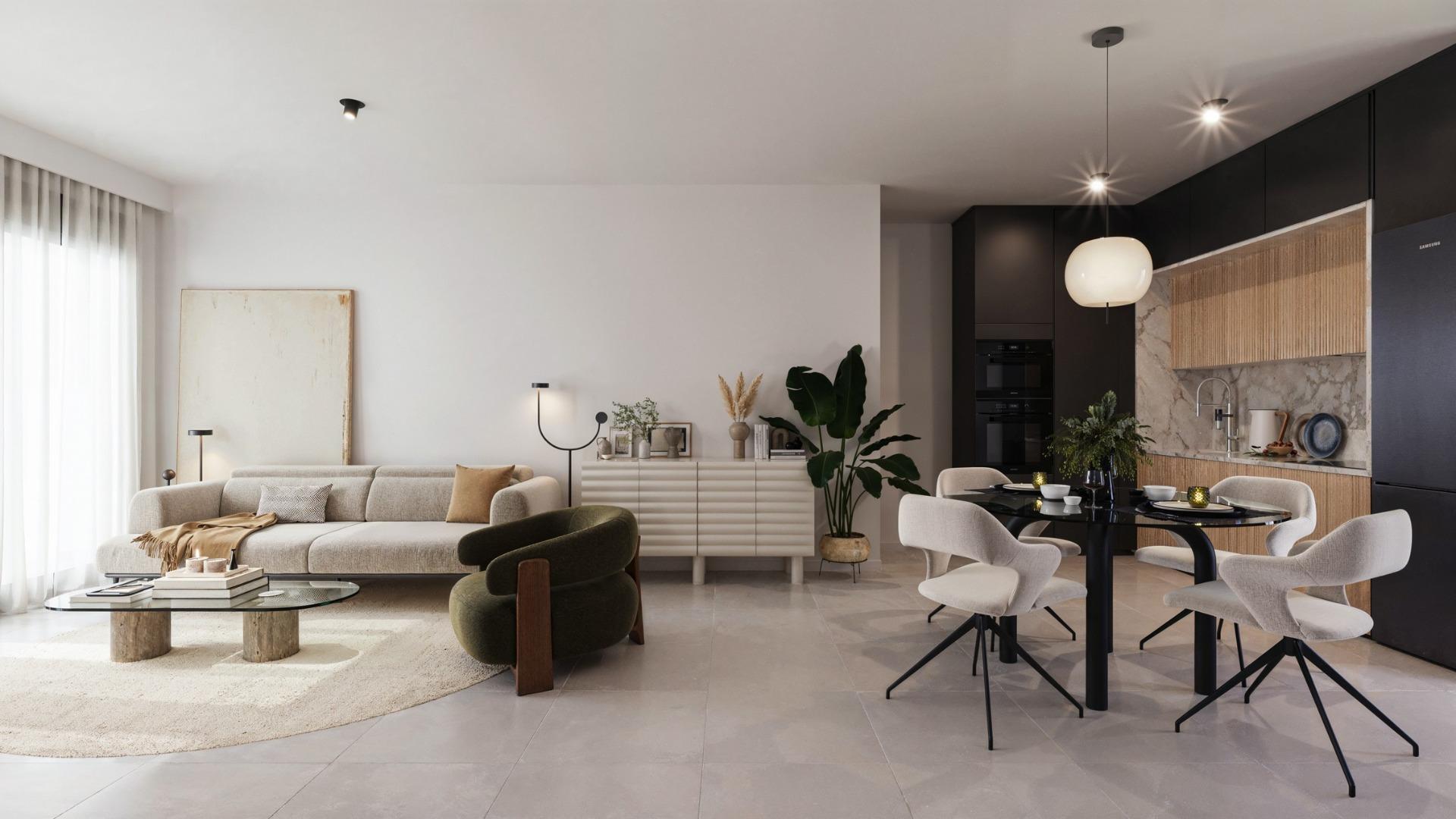 Bright modern open-plan living and dining area in a 3-bedroom ground floor apartment with sleek kitchen in San Miguel de Salinas