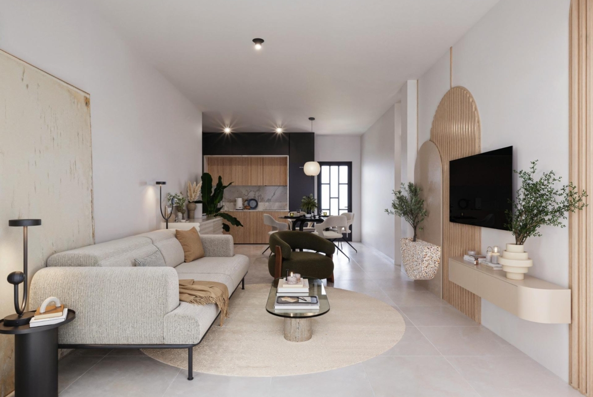 Bright and elegant open-plan living area with sleek kitchen in modern 3-bedroom ground floor apartment, San Miguel de Salinas