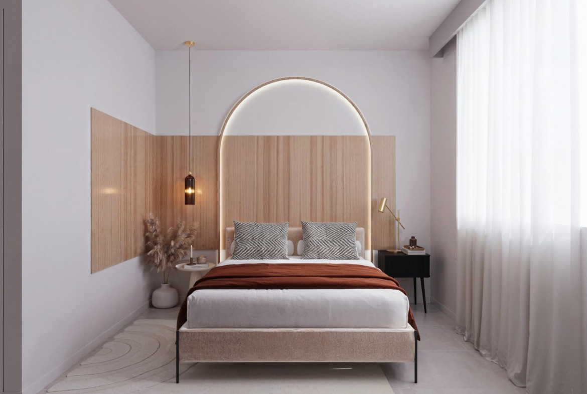 Bright and elegant 2-bedroom ground floor apartment bedroom with modern lighting and soft neutral tones in San Miguel de Salinas
