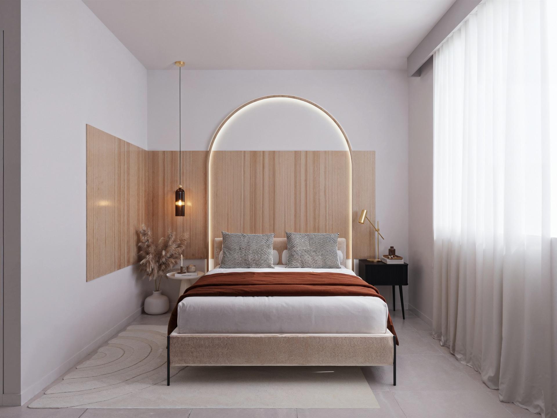 Bright modern bedroom with soft wood accents and sheer curtains in a 3-bedroom ground floor apartment in San Miguel de Salinas
