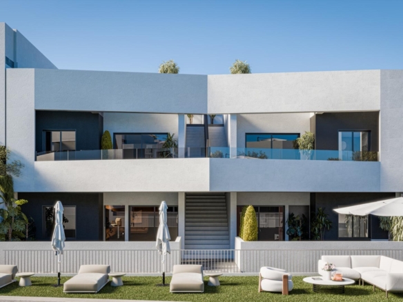 Modern new build 3-bedroom ground floor apartment in San Miguel de Salinas with sleek exterior, spacious terrace, and private garden.