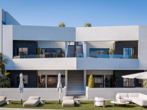 Modern new build 3-bedroom ground floor apartment in San Miguel de Salinas with sleek exterior, spacious terrace, and private garden.