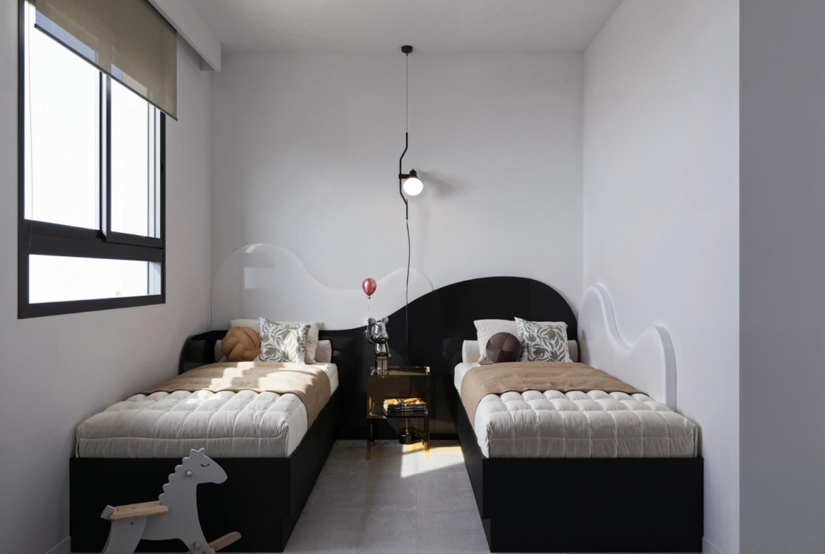 Bright, modern twin bedroom in luxury 3-bedroom ground floor apartment with private garden in San Miguel de Salinas
