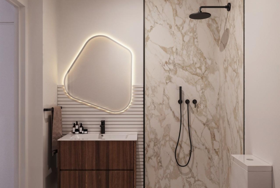 Modern elegant bathroom with marble shower and sleek wooden vanity in new 2-bedroom ground floor apartment, San Miguel de Salinas