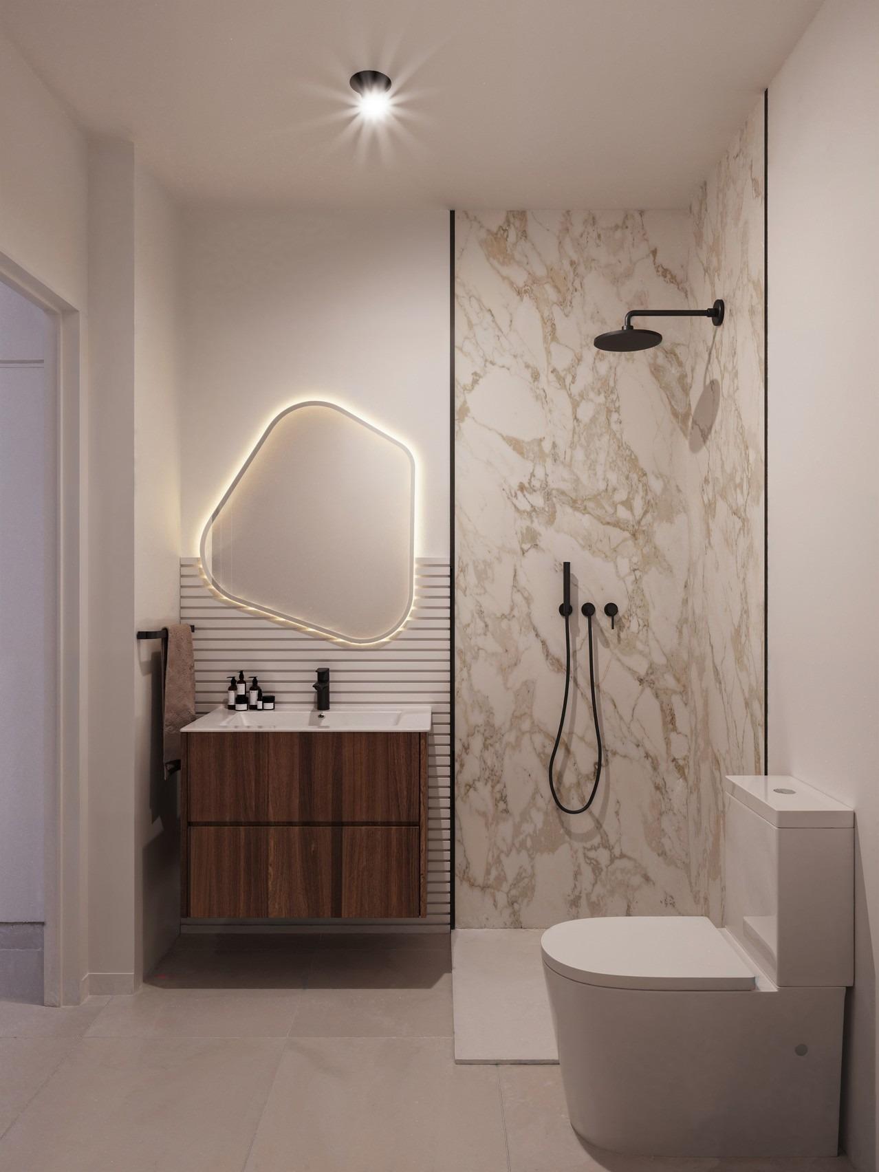 Modern elegant bathroom with marble shower and sleek wooden vanity in new 2-bedroom ground floor apartment, San Miguel de Salinas