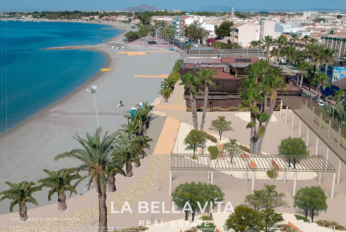 Sun-drenched beachfront promenade with palm trees near a key-ready villa in San Pedro del Pinatar, Costa Cálida.