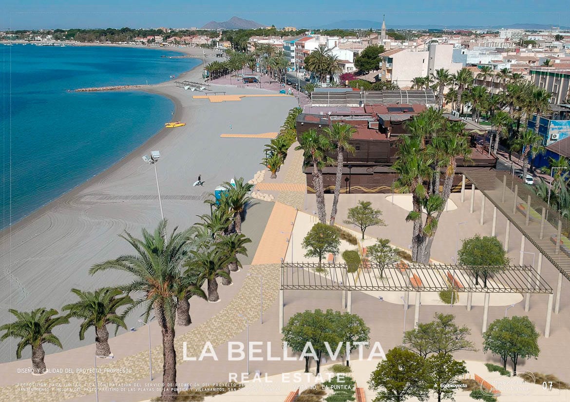 San Pedro del Pinatar-1 Sun-drenched beachfront promenade with palm trees near a key-ready villa in San Pedro del Pinatar, Costa Cálida.