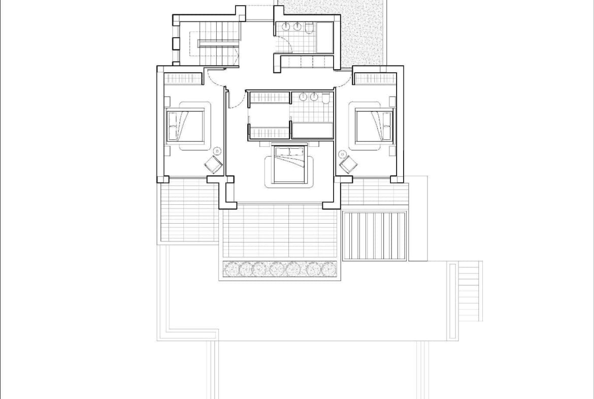 Detailed architectural floor plan of a modern 4-bedroom Ibizan villa in La Fustera, Benissa, showcasing spacious layout and terraces.