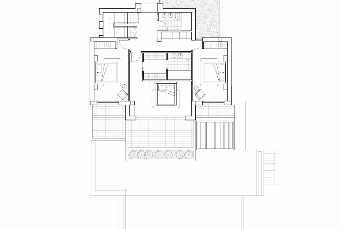 Detailed architectural floor plan of a modern 4-bedroom Ibizan villa in La Fustera, Benissa, showcasing spacious layout and terraces.