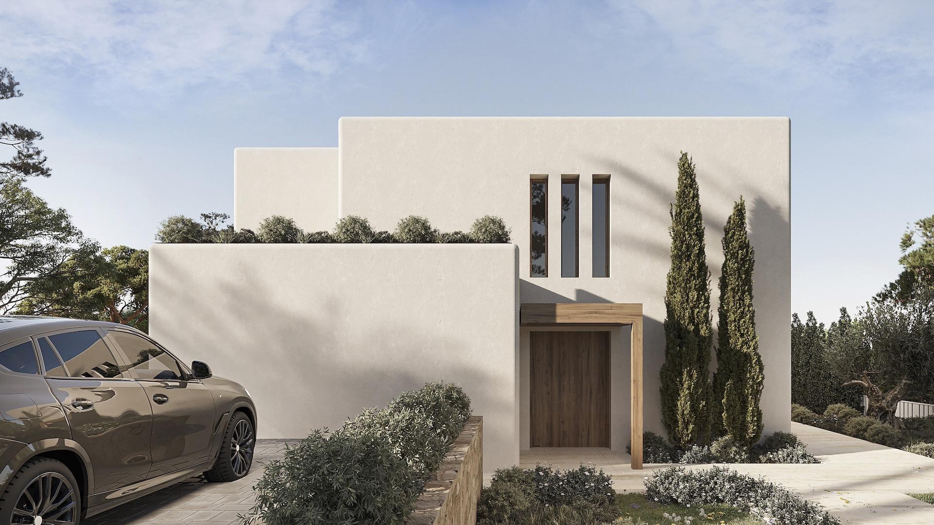 Modern luxury Ibizan villa facade with clean lines, lush landscaping, and private driveway in La Fustera, Benissa