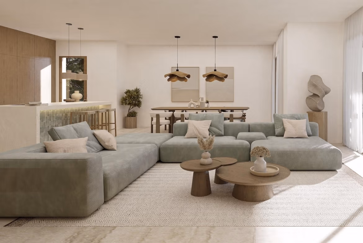 Bright, elegant open-plan living and dining area with modern furnishings in a 4-bedroom Ibizan villa in La Fustera, Benissa.
