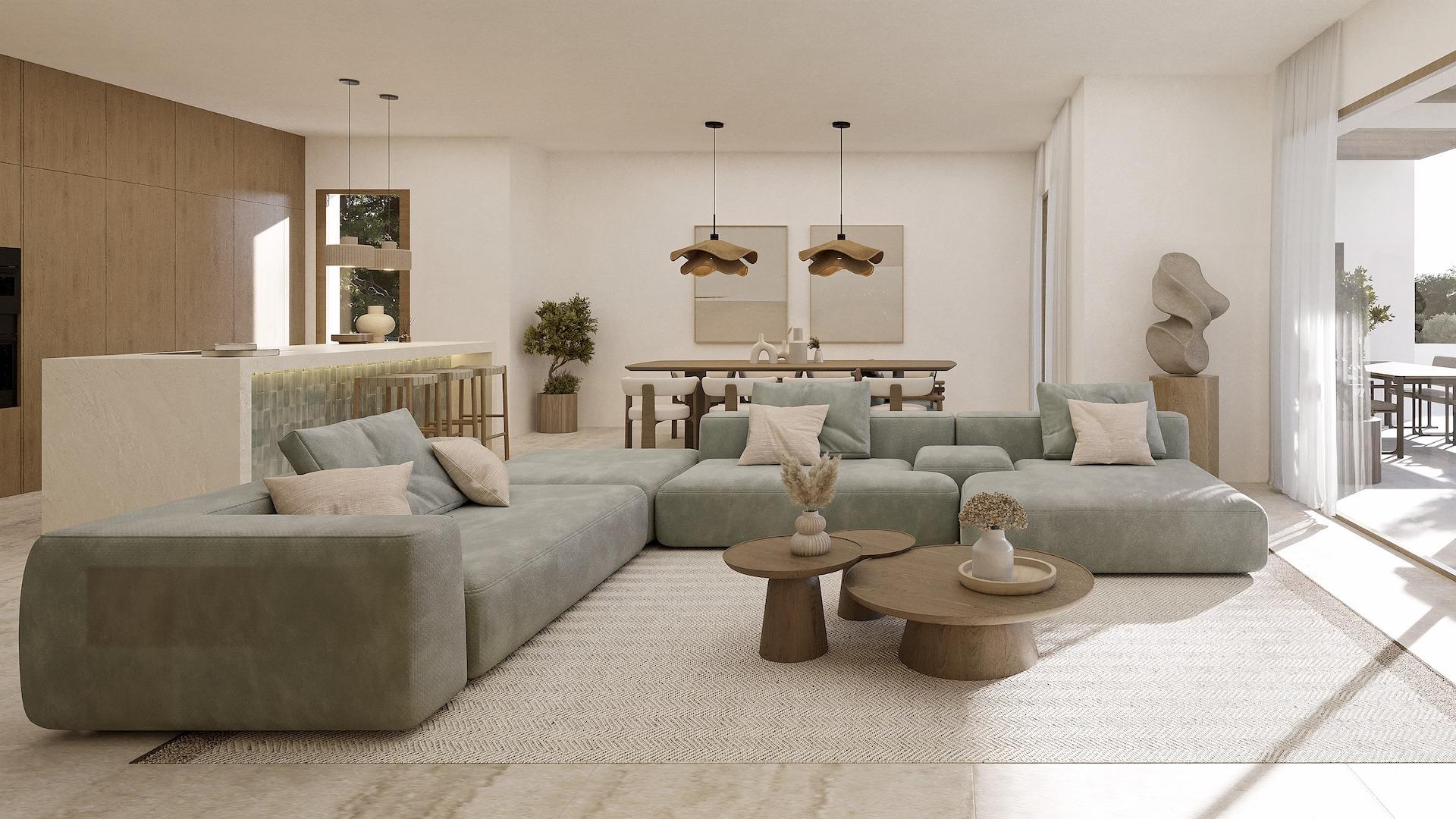 Bright, elegant open-plan living and dining area with modern furnishings in a 4-bedroom Ibizan villa in La Fustera, Benissa.