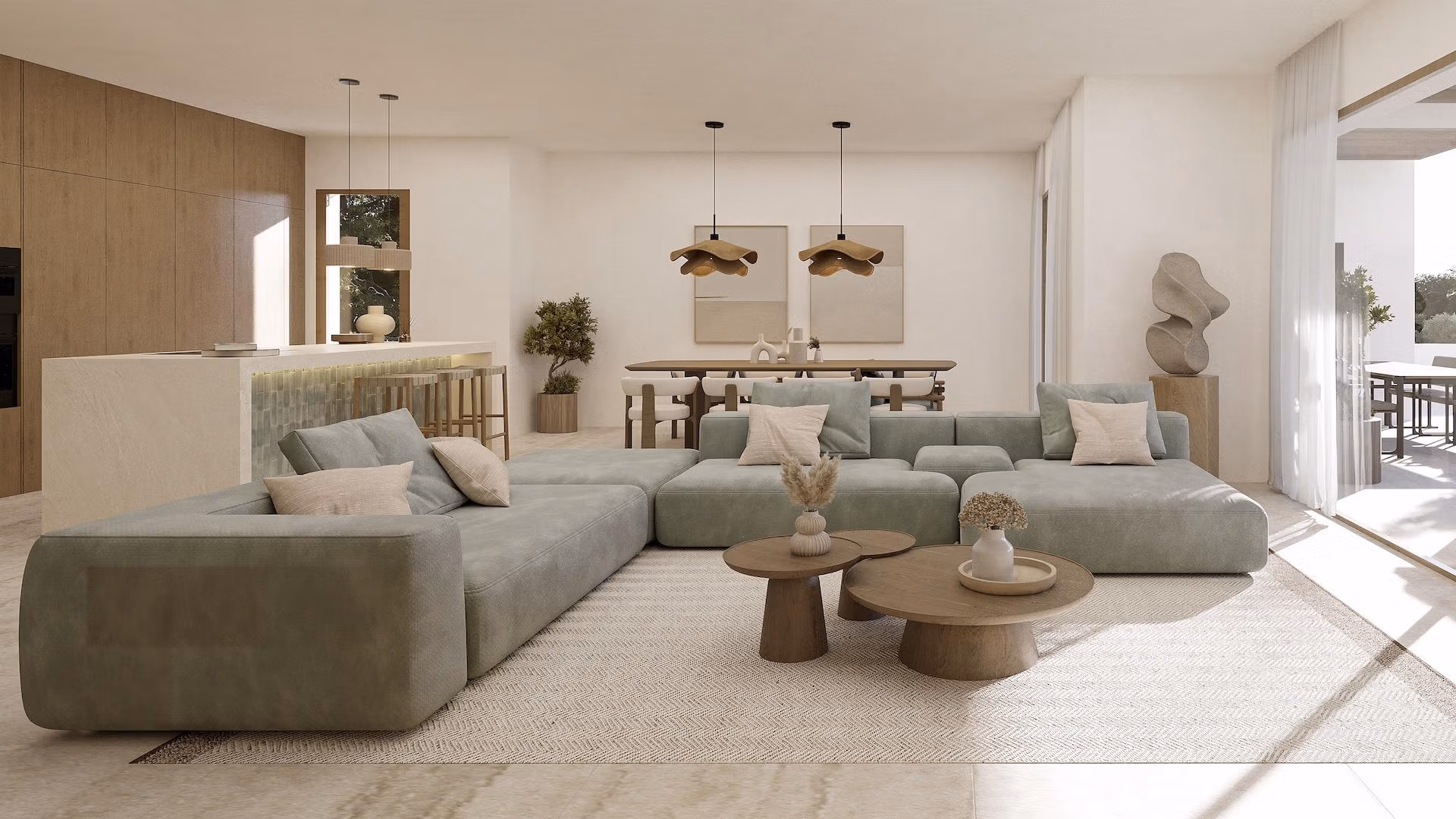 Bright, elegant open-plan living and dining area with modern furnishings in a 4-bedroom Ibizan villa in La Fustera, Benissa.