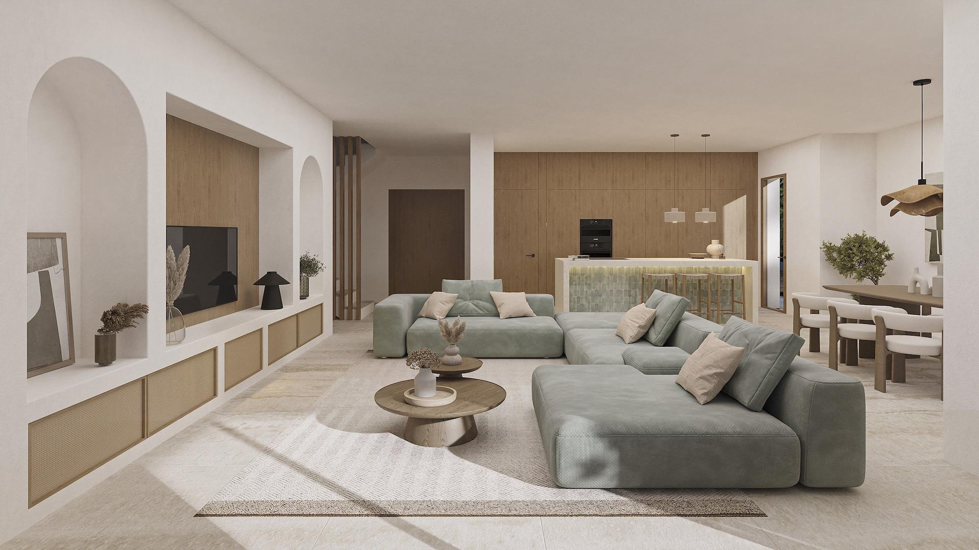 Bright, elegant open-plan living room with modern kitchen and dining area in a luxury 4-bedroom Ibizan villa in La Fustera, Benissa.