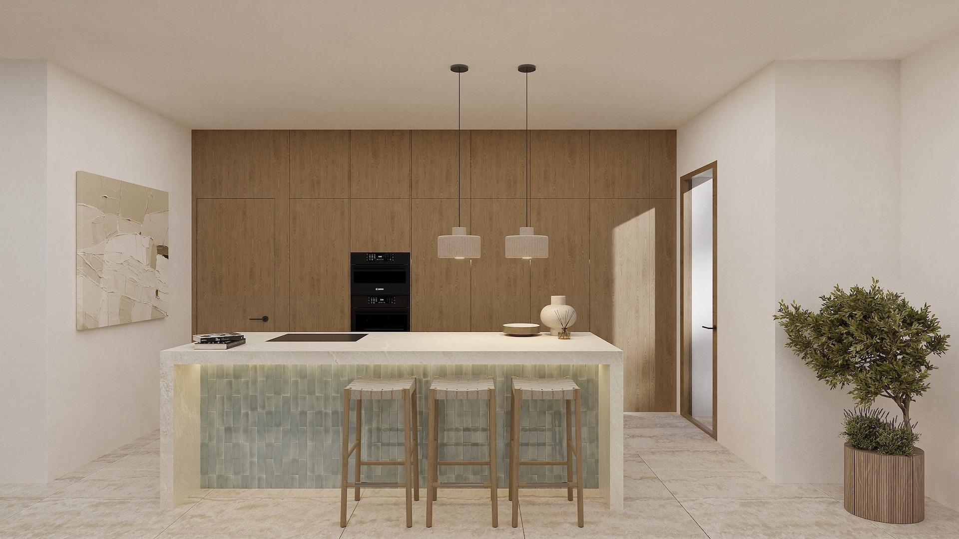 Bright modern kitchen with wooden cabinetry and breakfast bar in luxury 4-bedroom Ibizan villa in La Fustera, Benissa